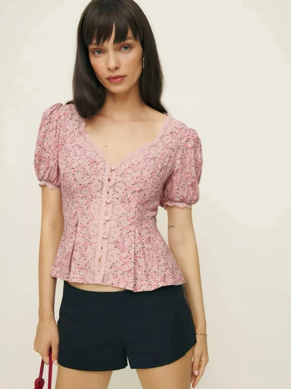 Reformation Minette Pink Floral Puff-Sleeve Lace Trim Top, 2 4